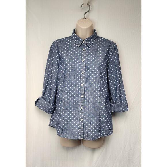 Talbots Chambray Shirt Blue White Polka Dots Roll Tab Long Sleeve Button Up 10 - Picture 5 of 9